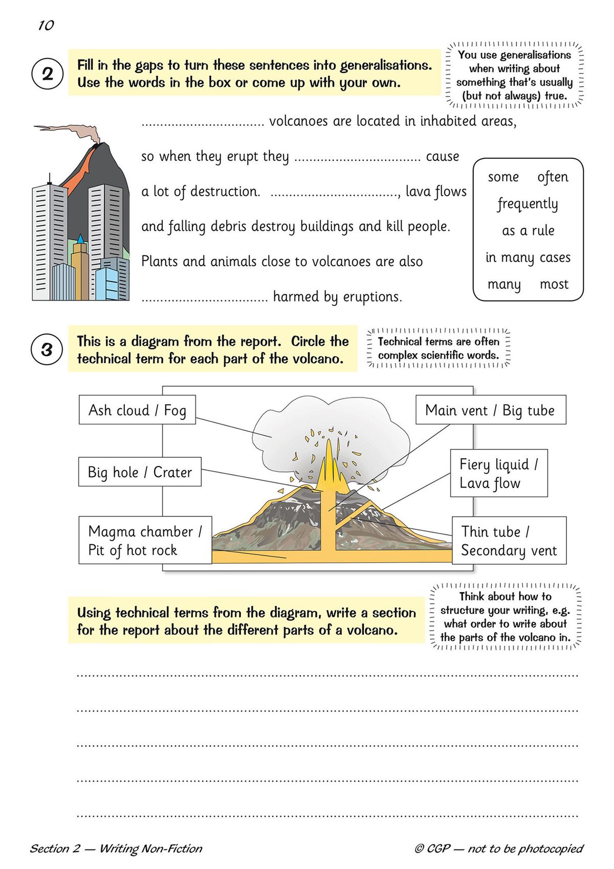 Volcano diagram worksheet with technical terms and writing prompts