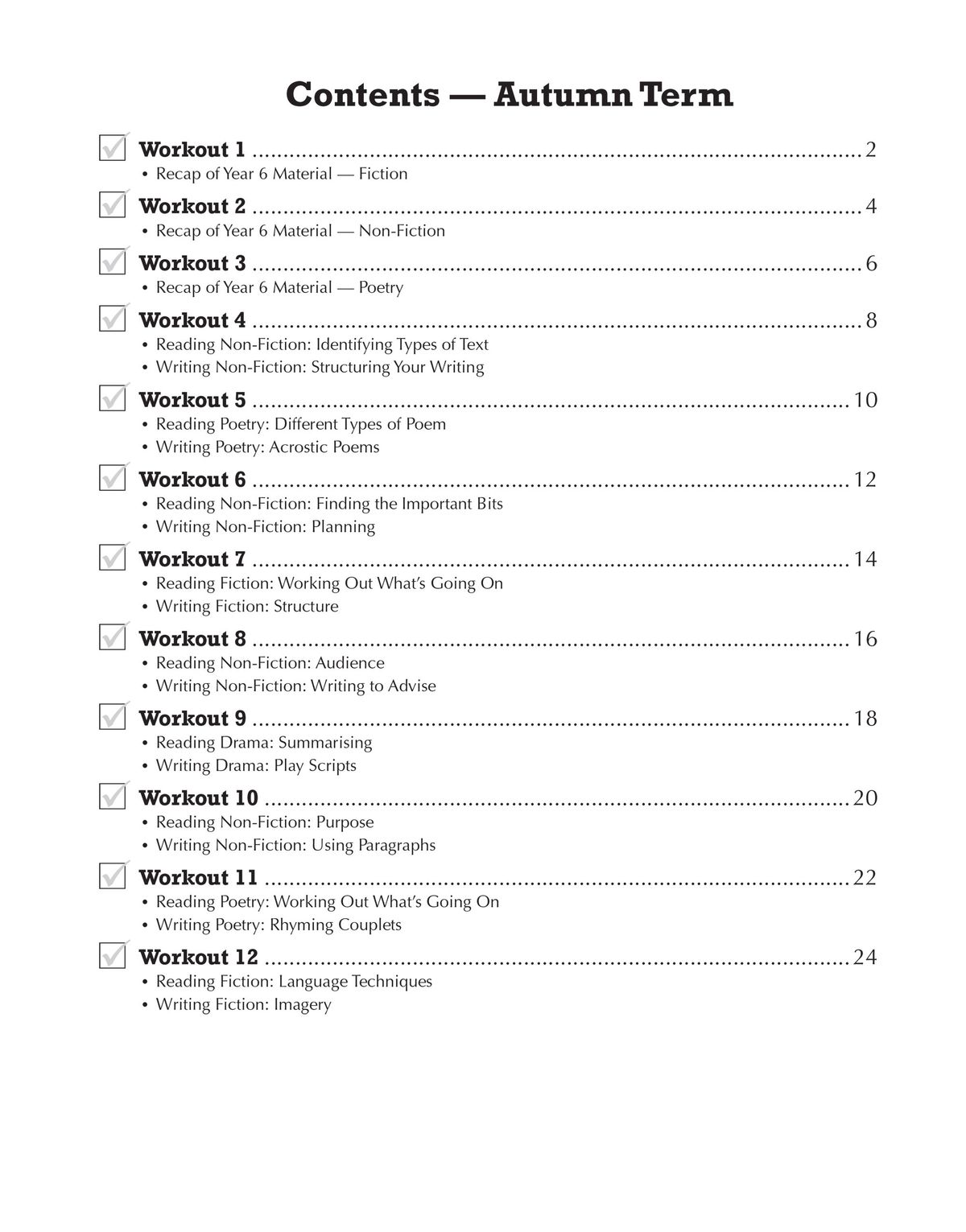 Contents page from Year 7 English 10-Minute Weekly Workouts showing autumn term workouts