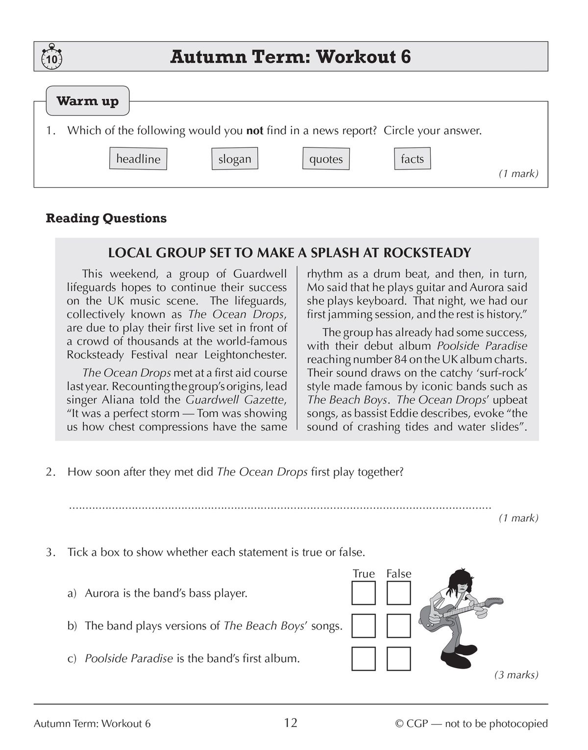 Sample workout page showing reading comprehension questions based on a news article about a local band