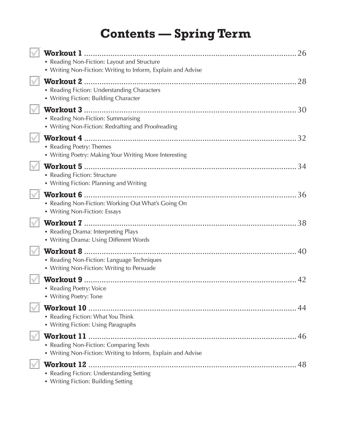 Contents page for Spring Term showing twelve workouts with detailed topic breakdowns