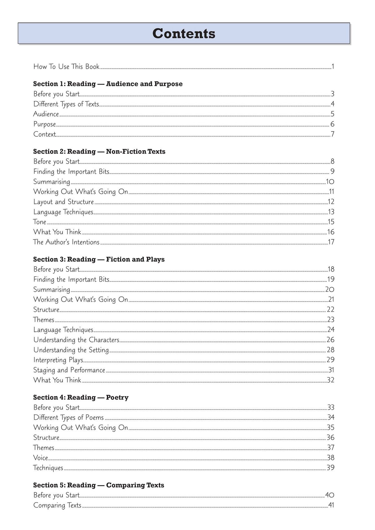 Contents page from Year 7 English Targeted Workbook showing reading and writing topics