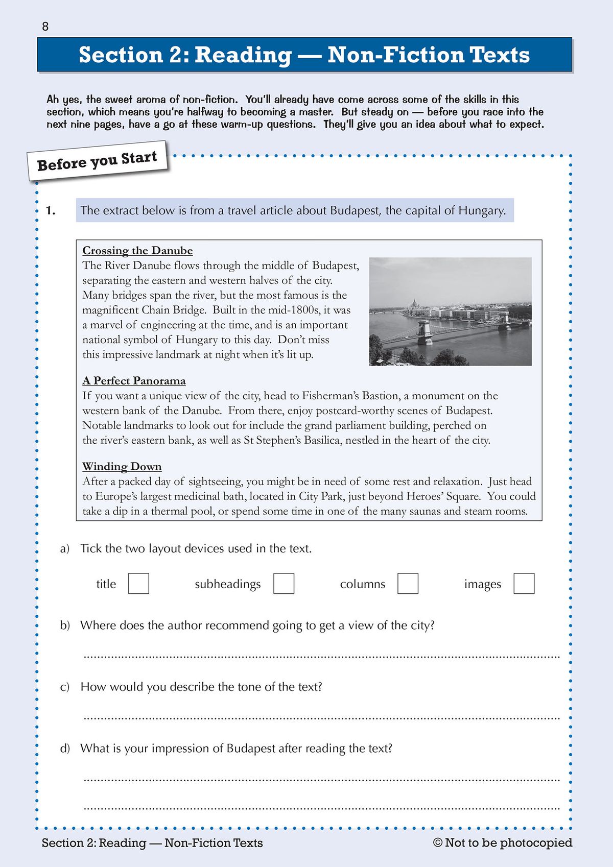 Sample non-fiction reading exercise with comprehension questions