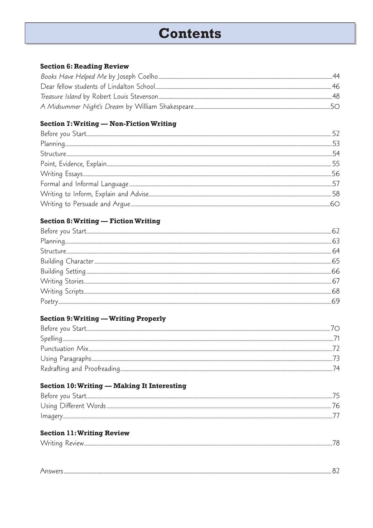 Contents page showing sections on Reading Review and Writing topics