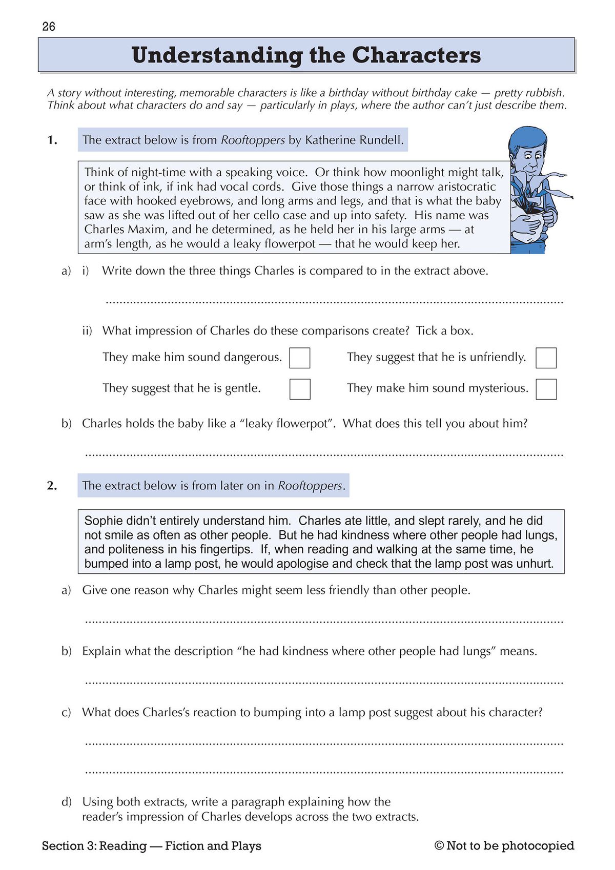 Sample page showing Understanding the Characters with extract from Rooftoppers by Katherine Rundell