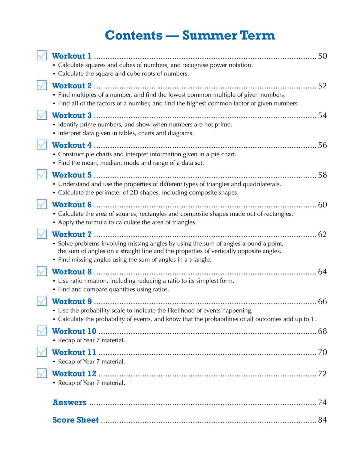Contents page for Summer Term showing workout topics including squares and cubes, multiples and factors, prime numbers, data interpretation, triangles, area, angles, ratio and probability