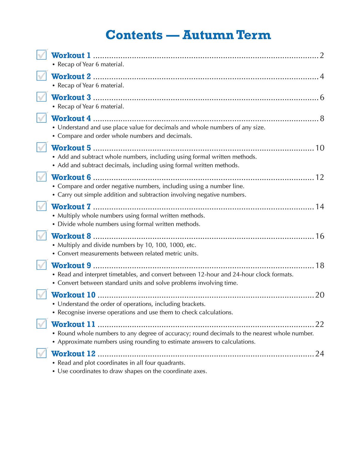 Year 7 Maths 10-Minute Weekly Workouts contents page showing autumn term schedule