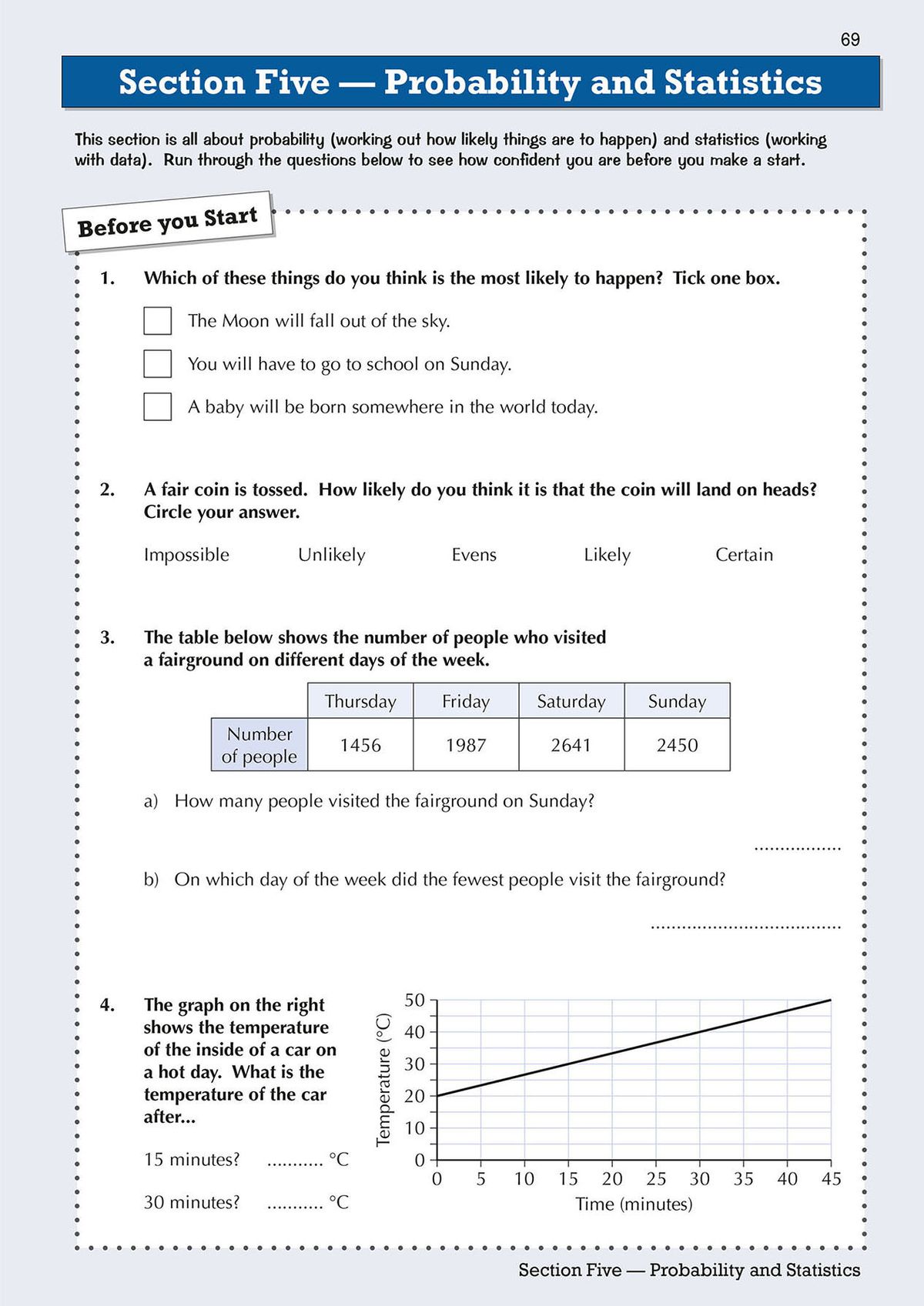Inside page showing probability and statistics warm-up questions