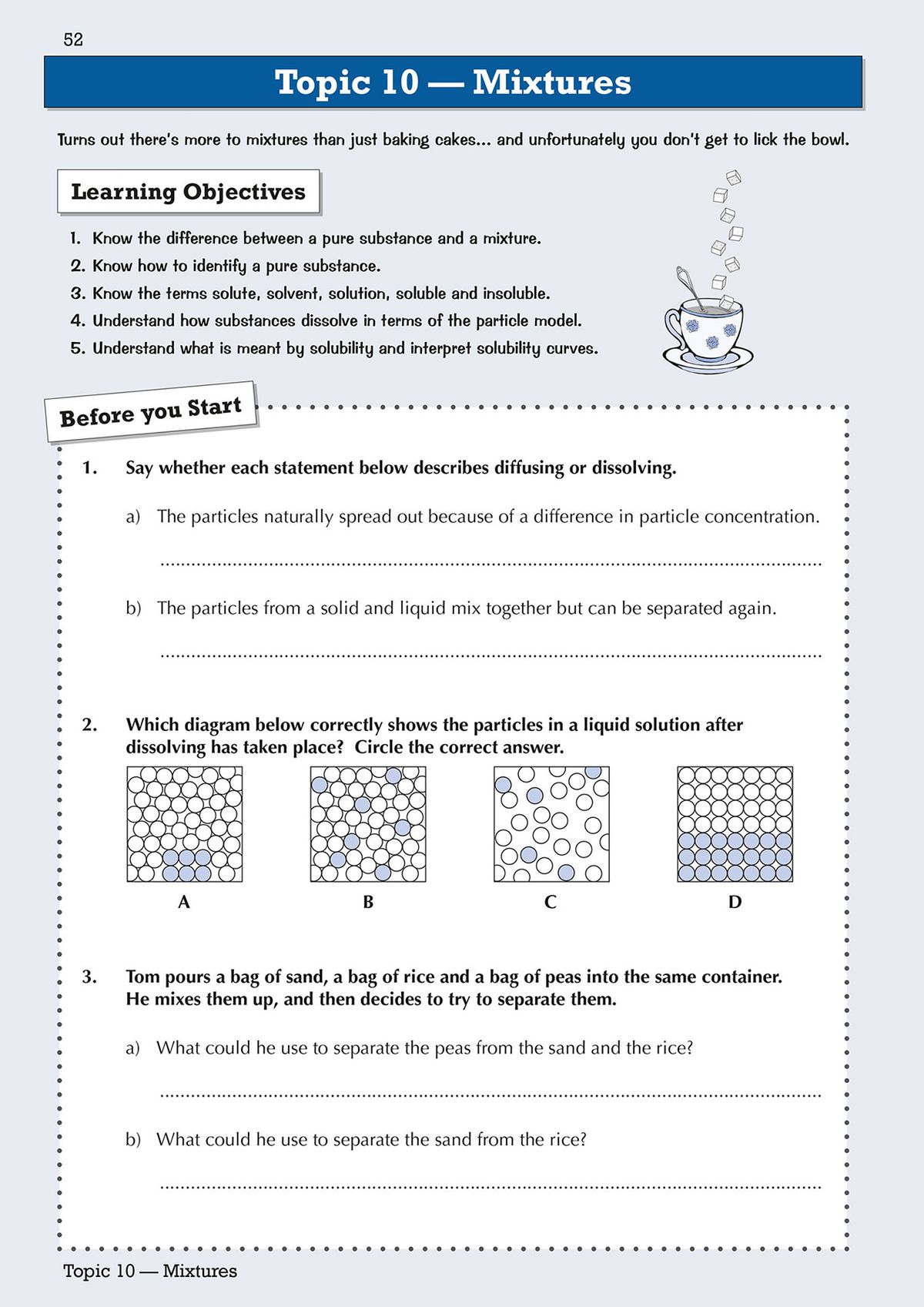 Year 7 Science workbook page showing learning objectives and warm-up questions on mixtures
