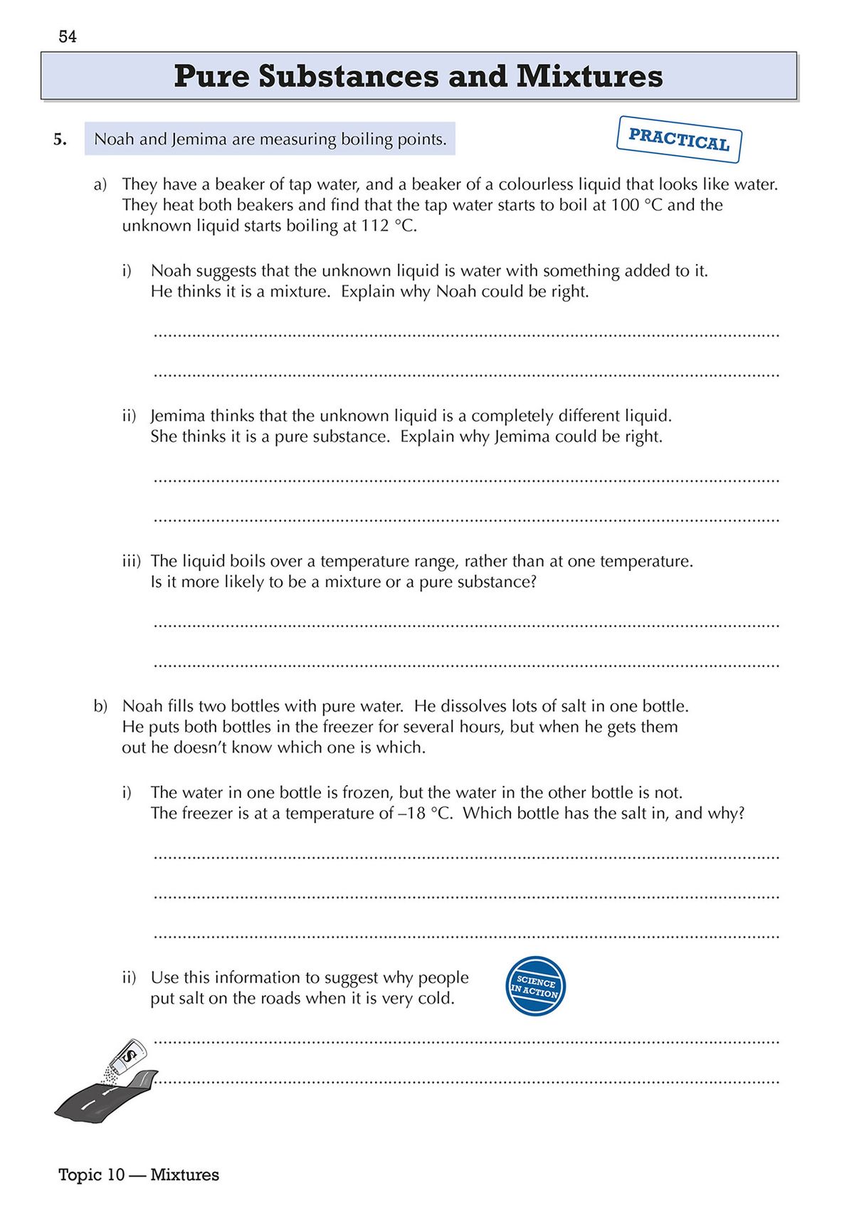 Year 7 Science workbook page showing practical Science questions on pure substances and mixtures