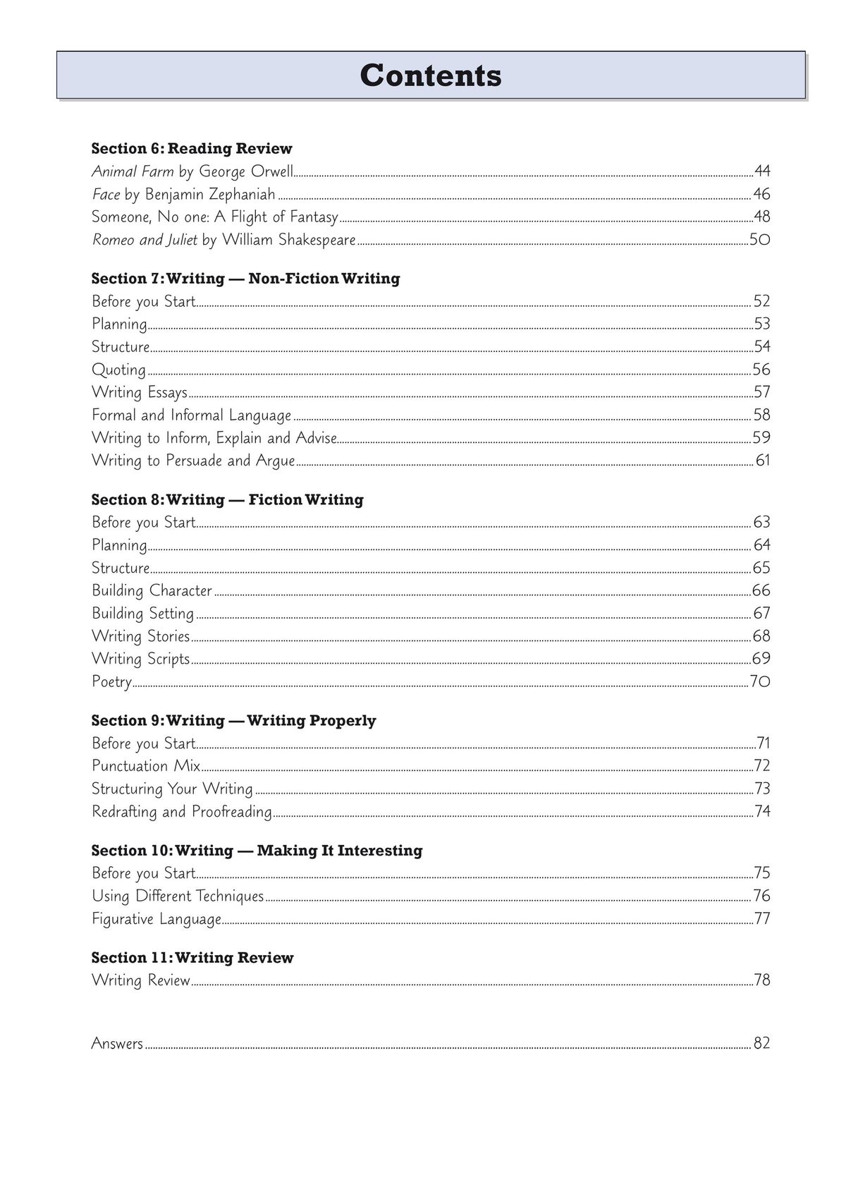 Contents page listing reading and writing sections covering non-fiction, Shakespeare, and essay skills