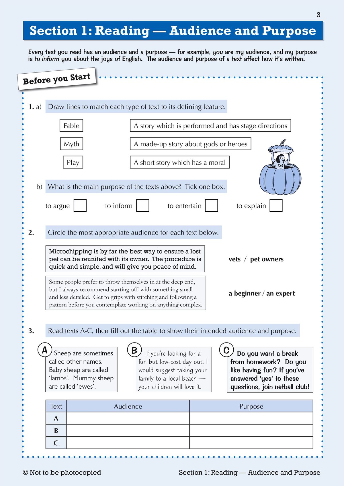 Sample page from the Year 8 English Targeted Workbook demonstrating reading comprehension questions on audience and purpose with engaging texts