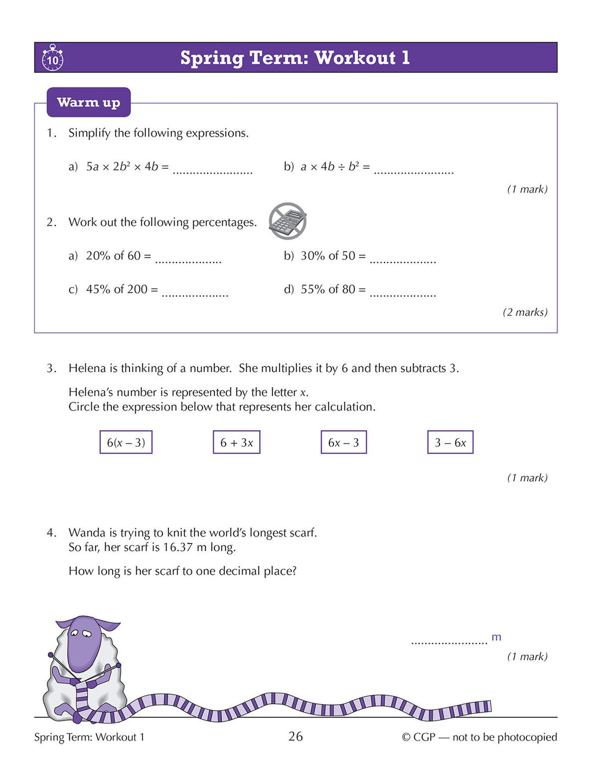 Sample workout page showing perimeter geometry question and a savings word problem