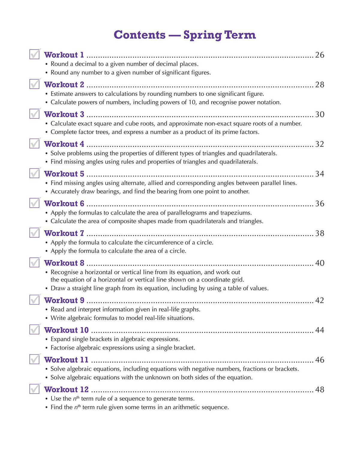 Inside pages of the Year 8 Maths 10-Minute Weekly Workouts showing structured practice questions