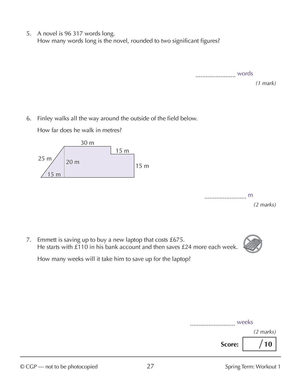 Inside page showing a Spring Term Workout with warm-up algebra and percentage questions
