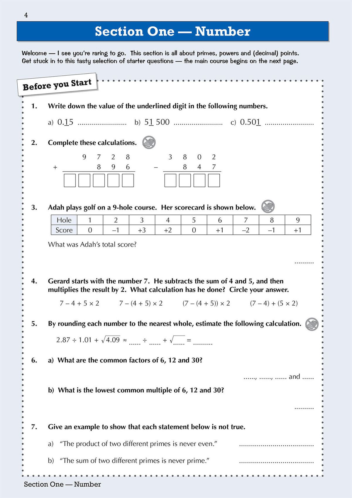 Before You Start warm-up page with starter questions on number, place value and calculations