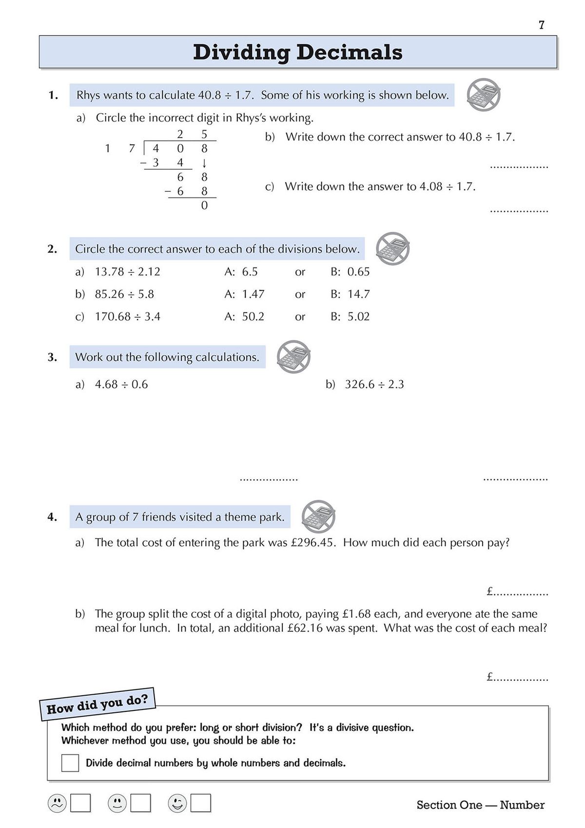 Dividing Decimals practice page showing worked example and progressive difficulty questions