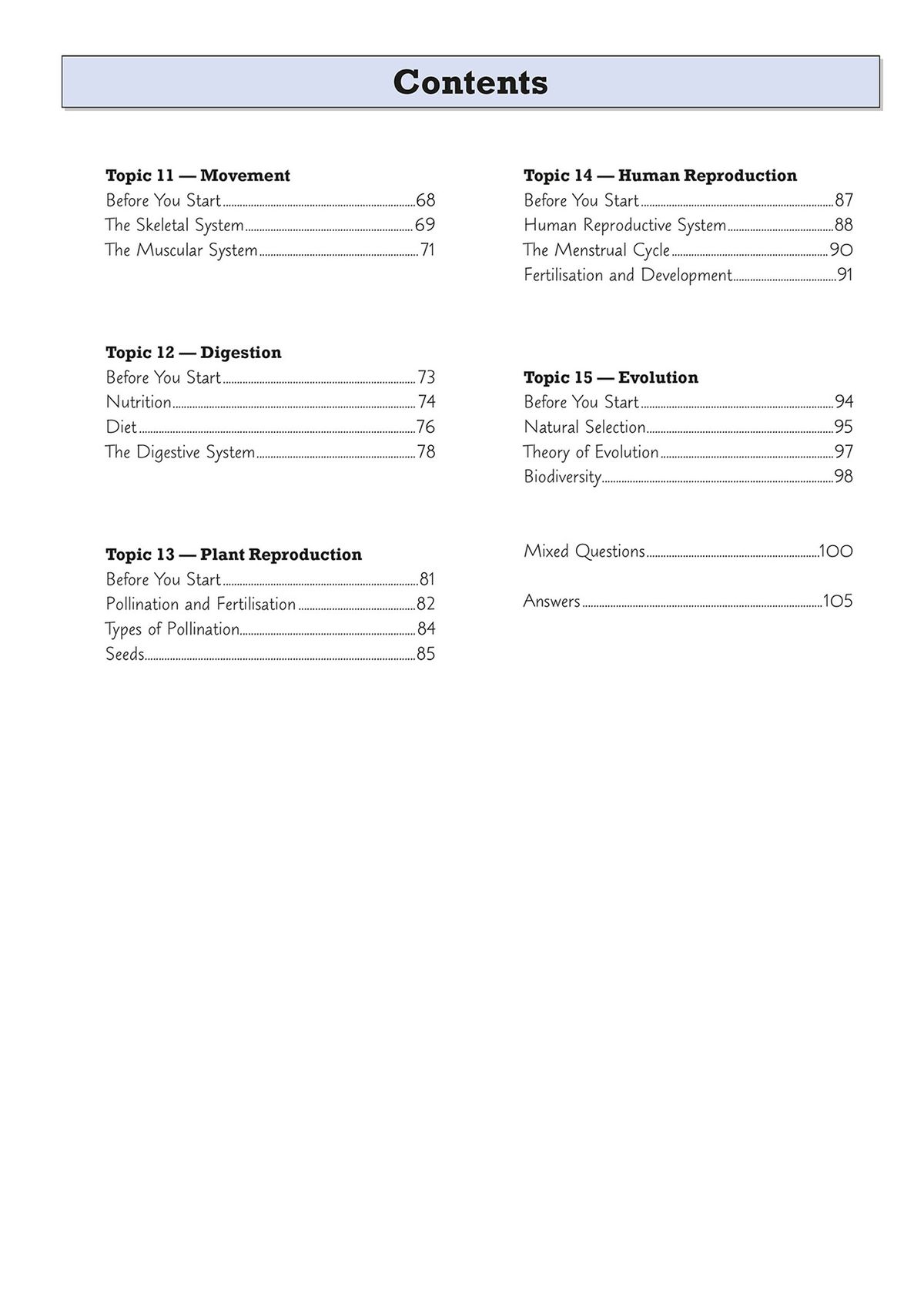 Contents page showing coverage of topics including movement, digestion, reproduction and evolution