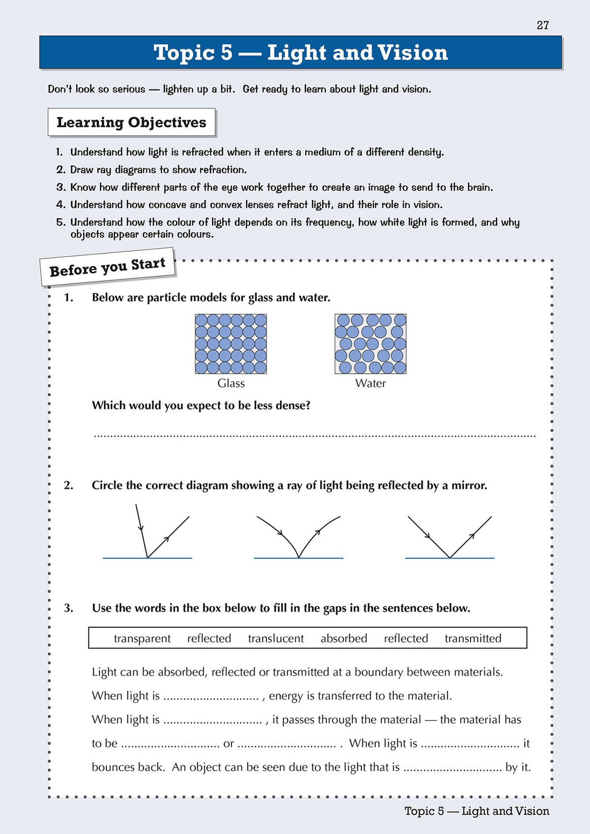 Sample pages showing light and vision topic with learning objectives and warm-up questions