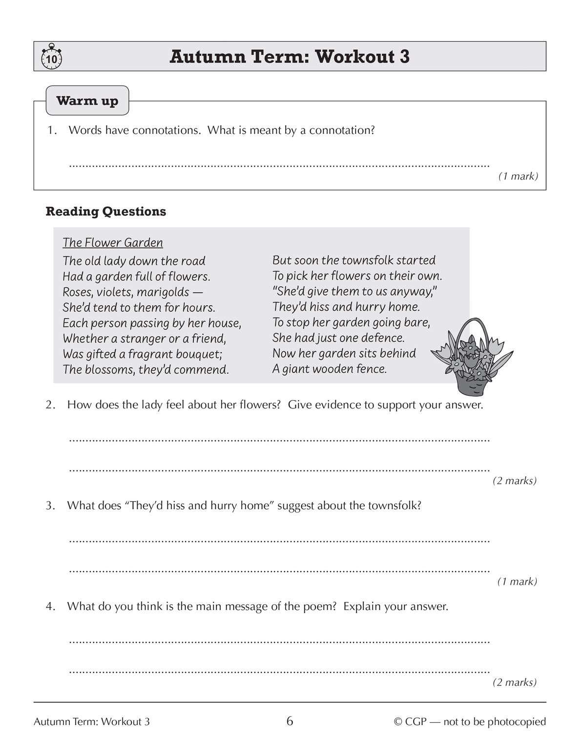 Sample workout page showing a poetry comprehension exercise with warm-up question and reading questions