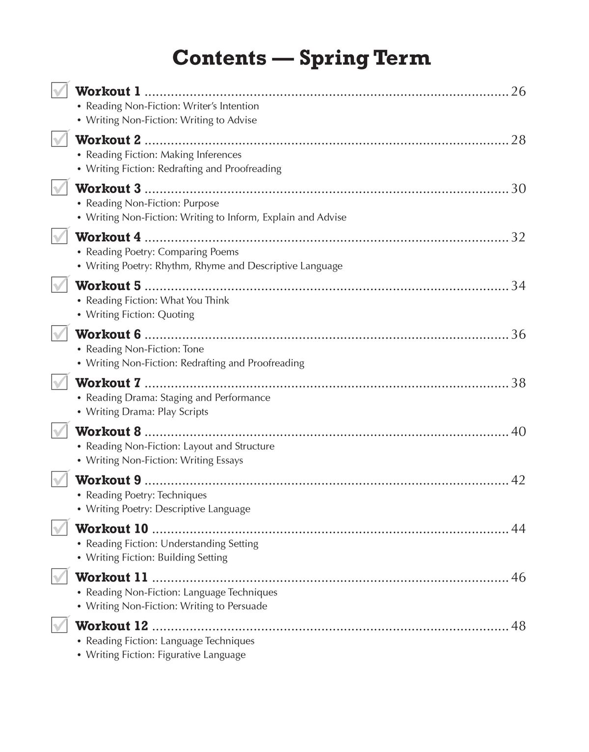 Contents page for the Spring Term showing twelve workouts covering reading comprehension and writing skills