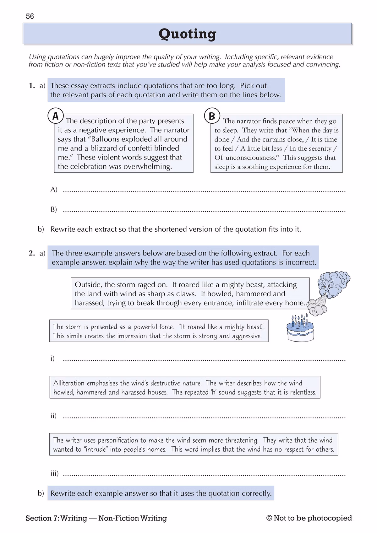 Sample page from the Year 9 English Targeted Workbook demonstrating quotation exercises with model answers and analytical writing tasks