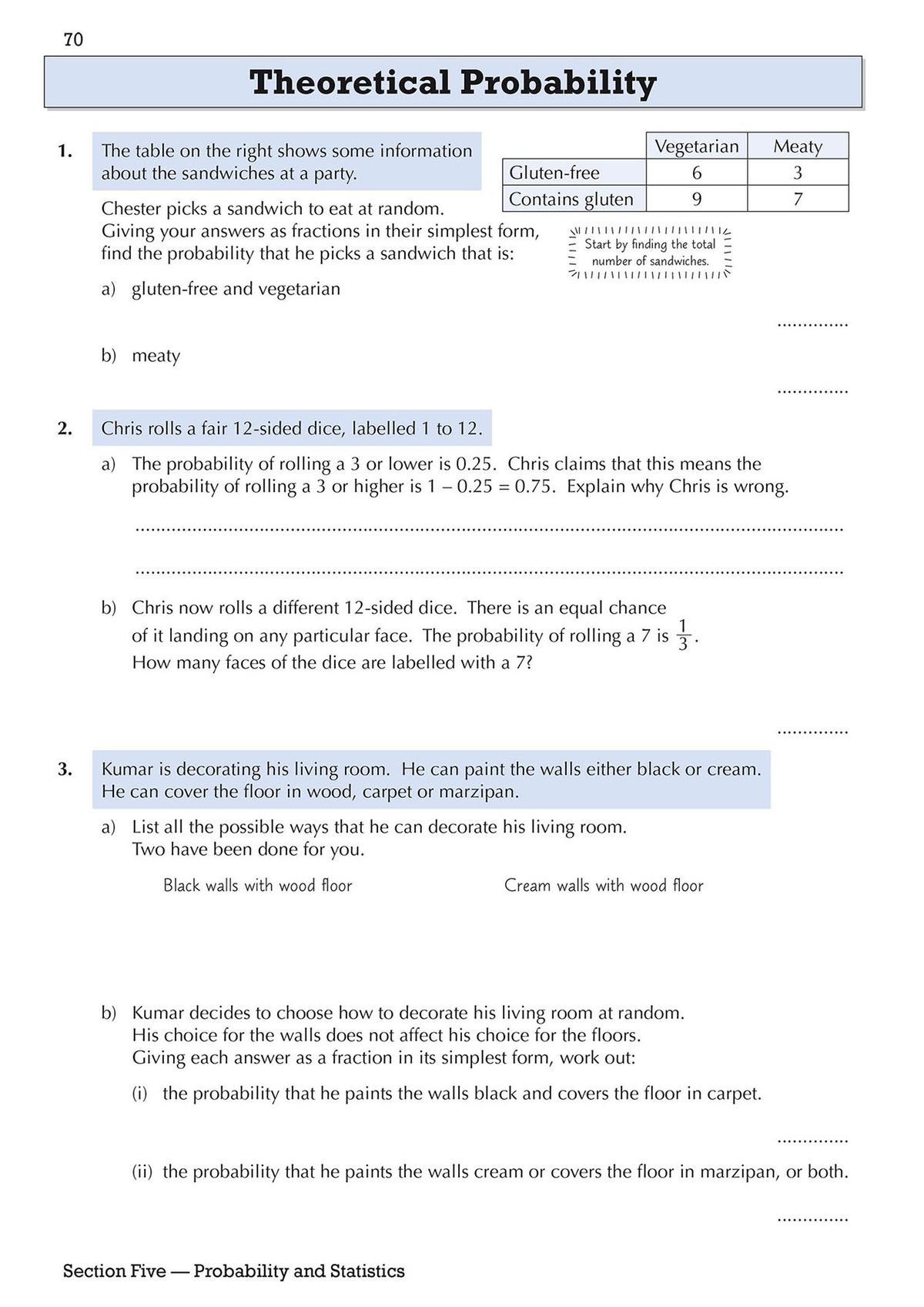 Sample page on theoretical probability featuring dice, sandwich probability tables and decorating scenarios