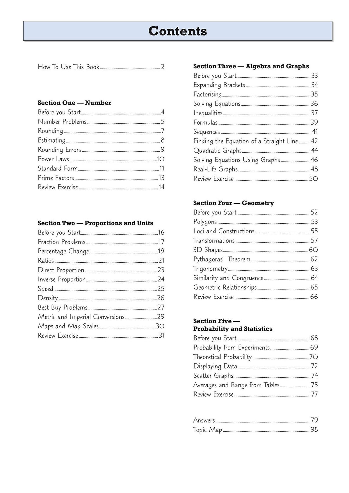 Year 9 Maths Targeted Workbook showing contents and practice questions
